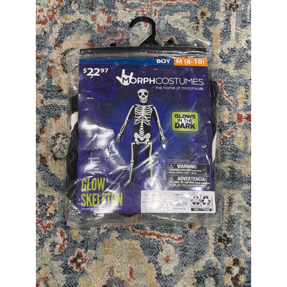 Morphsuits Skeleton Morphsuit Boys Medium 8-10 Black Glow In The‎ Dark NWT